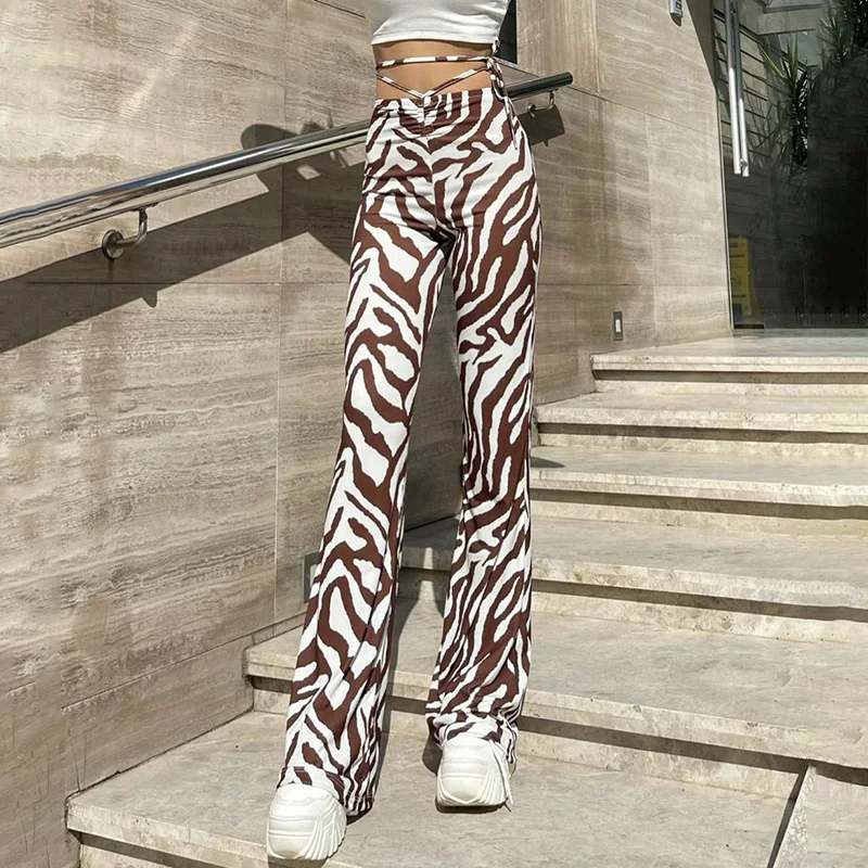 

Women's Pants High Waist Lace Up Leg Full Length Brown Zebra Pattern Ripple Flare 2021 Autumn New Casual Fashion Female Trousers