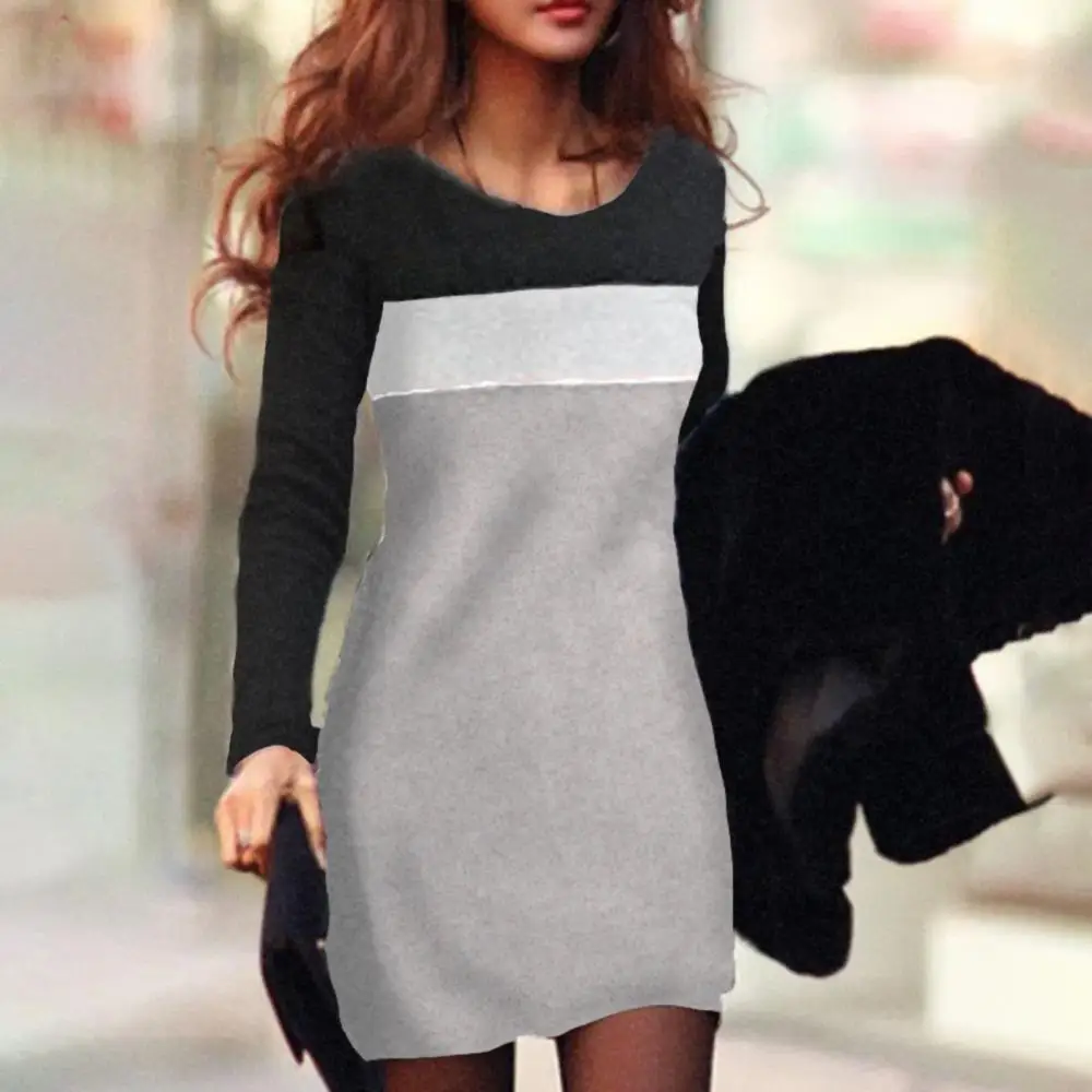 

Newest Fashion Women O Neck Long Sleeve Basic Blouse Tunic Color Block Waist Tight Mini Dress Plus Size 2XL For Female
