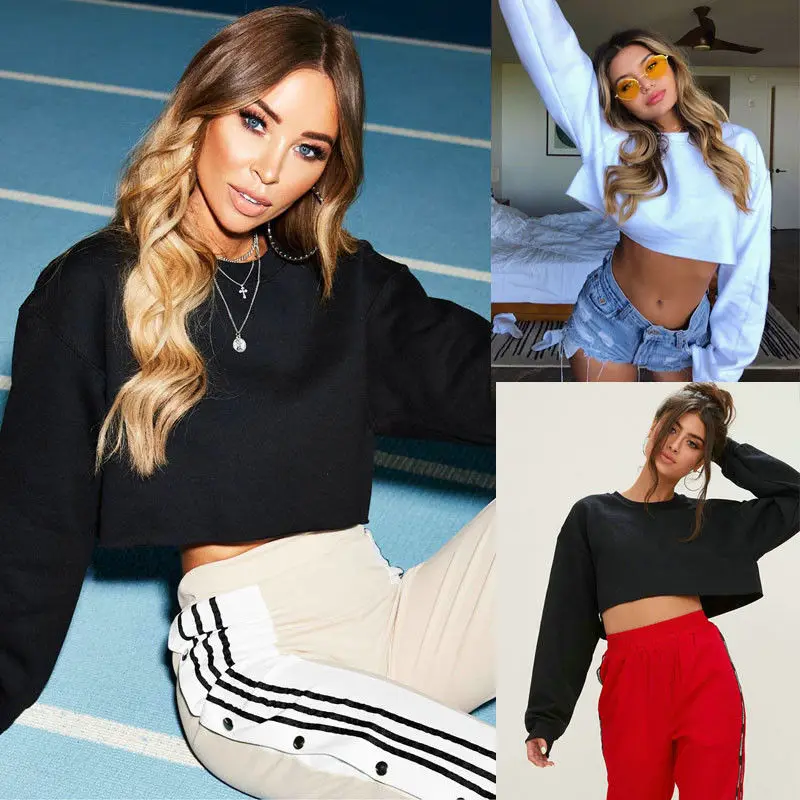 Women Casual Long Sleeve Sweatshirt Solid Color Round Neck Crop Top Pullover Hoodies Streetwear for Spring Autumn