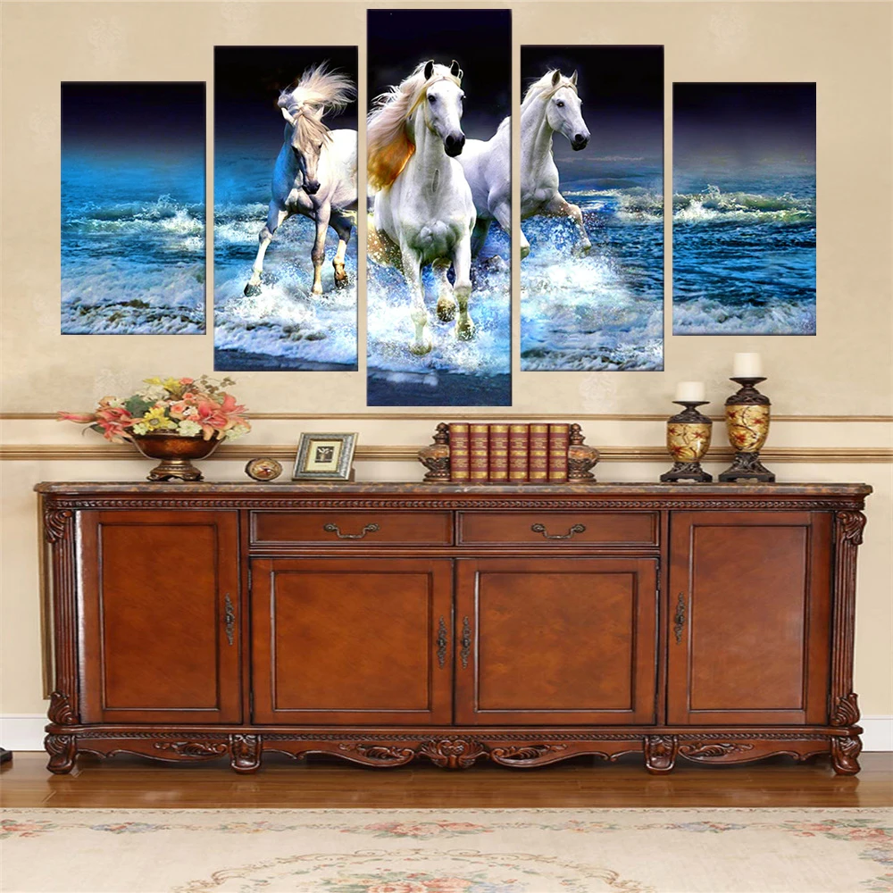 

Wall Art Canvas Painting Modern Poster HD Printed Pictures 5 Pieces Beach Waves White Horses Racing Living Room Home Decor