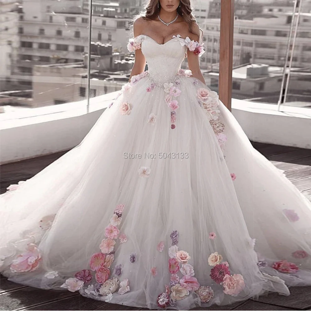 

Luxury 2022 Floral Flowers Beaded Ball Gown Wedding Dresses Sexy Off Shoulder Tulle Princess Bride Wedding Gowns Vestido Noiva