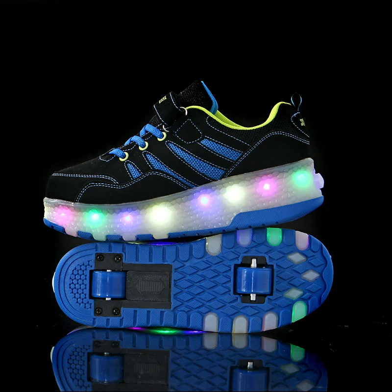 Hot Sale Kids Boys Shoes with Two Wheels Children Glowing Sneakers Led Light up For Boy Girl Shining Shoe Blue | Детская одежда и