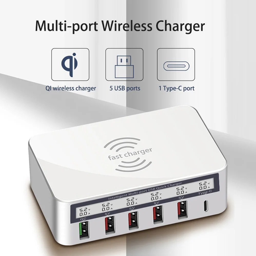 5 USB порт быстрое зарядное устройство 3,0 PD USB C Быстрая зарядка для iPhone 8X8 plus samsung S10 xiaomi huawei Беспроводное зарядное устройство светодиодный дисплей