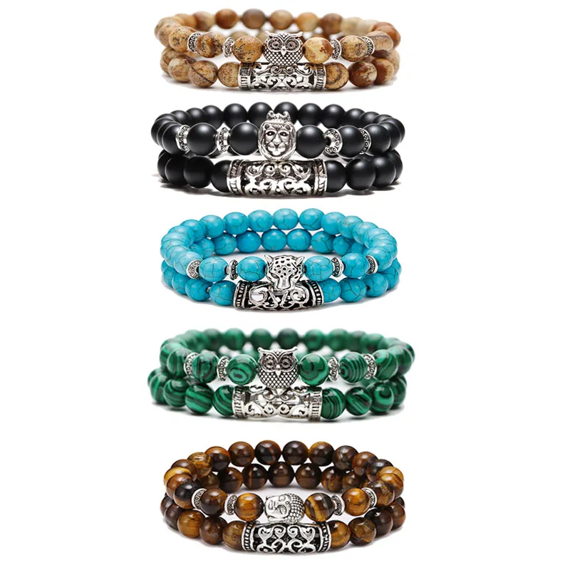 Мужской винтажный браслет Diffone 2 шт./компл. с бусинами Будда леопард Сова животное
