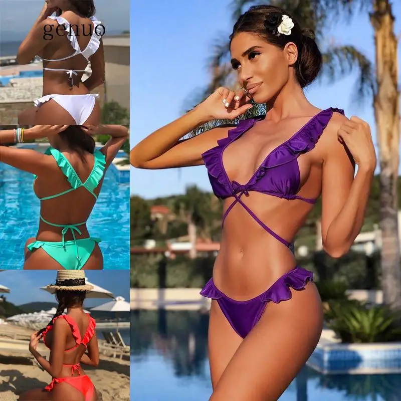 Фиолетовый купальник бикини с оборками сексапильное Maillot сексуальный купальный
