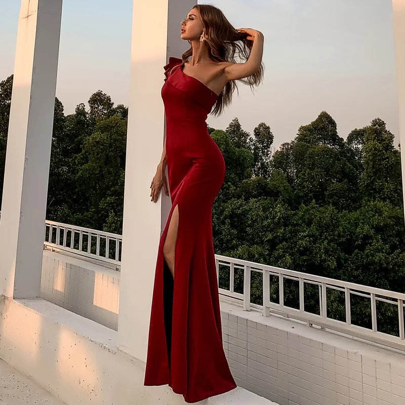 

Sladuo 2021 New Summer Women Elegant Wine Red One Shoulder Sleeveless Dress Sexy Slit Celebrity Runway Party Dresses