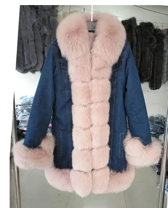 beige Винтажные женские джинсовые куртки цвета Соболя с лисьим мехом, хлопковые стеганые куртки с натуральным мехом, верхняя одежда - Цвет: beige