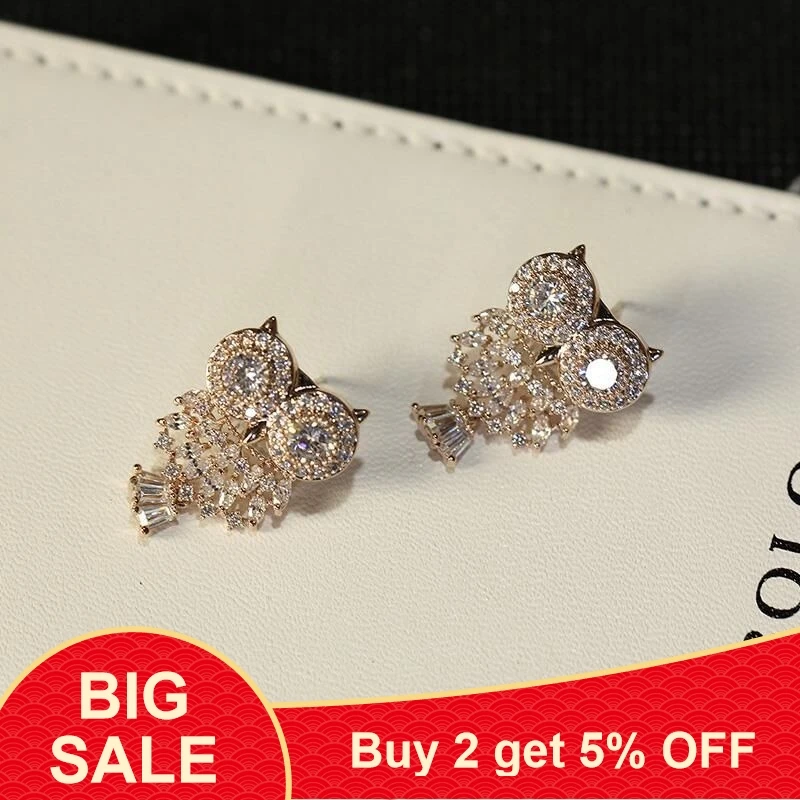 Женские серьги гвоздики в Корейском стиле с золотыми совами и блестящим