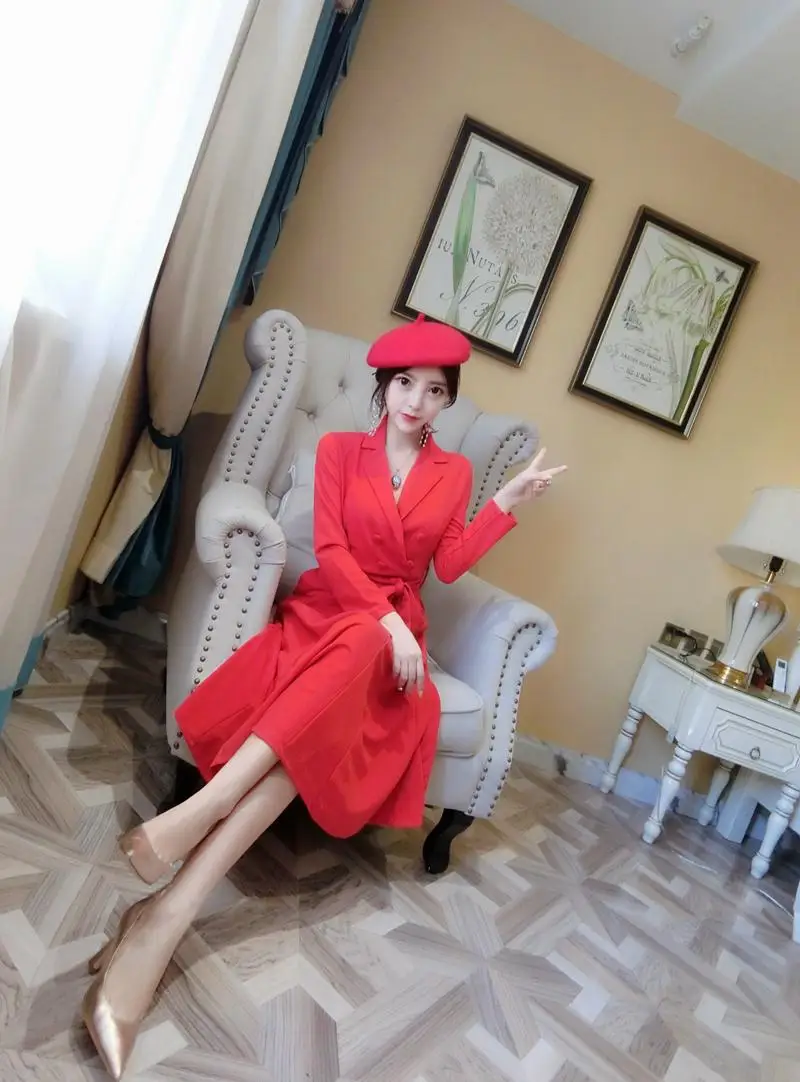 Женское красное платье элегантное двубортное с поясом женское Деловое рубашка