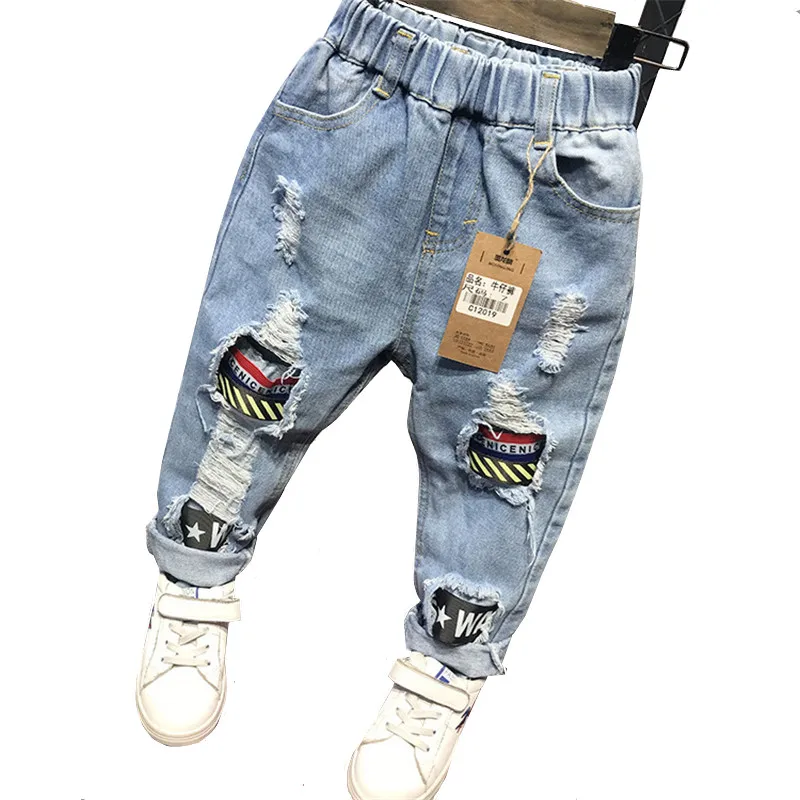 Детские джинсовые штаны весна-осень стильная одежда для малышей рваные