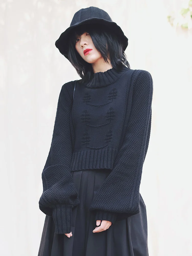 LANMREM полувысокий воротник сплошной цвет рукав-фонарик свитер для женщин уличная