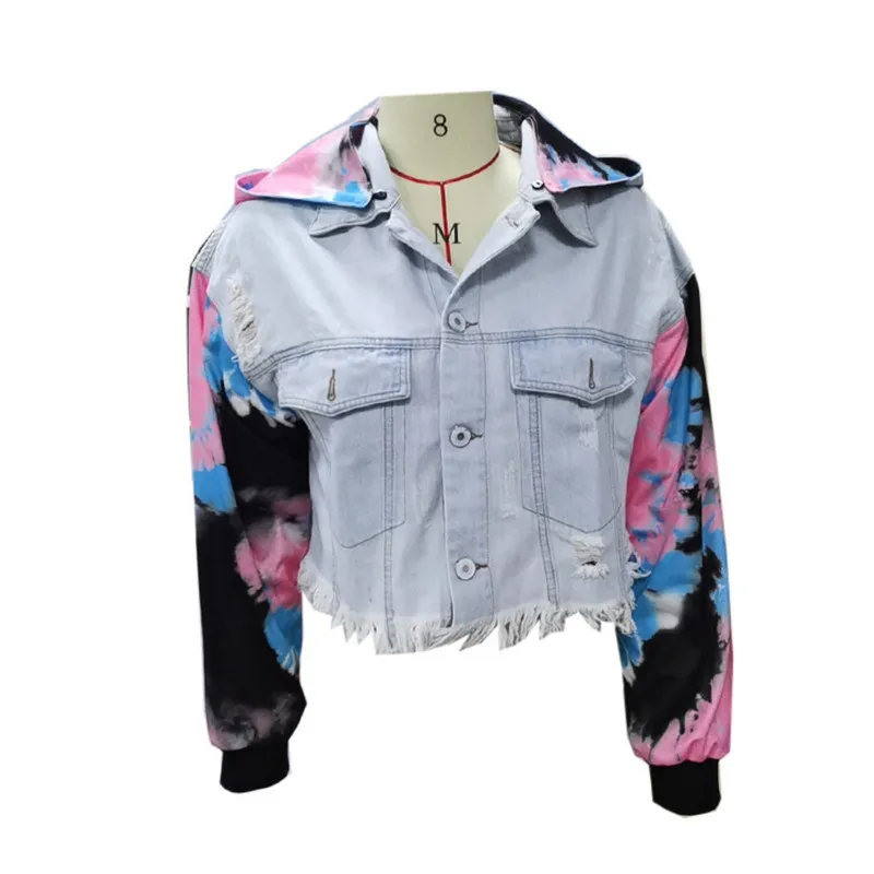 

Women Spring Autumn Blue Patchwork Print Hoodies Denim Short Coat Ladies Fashion Plus Size Coats Female Casual Outerwears ZM202
