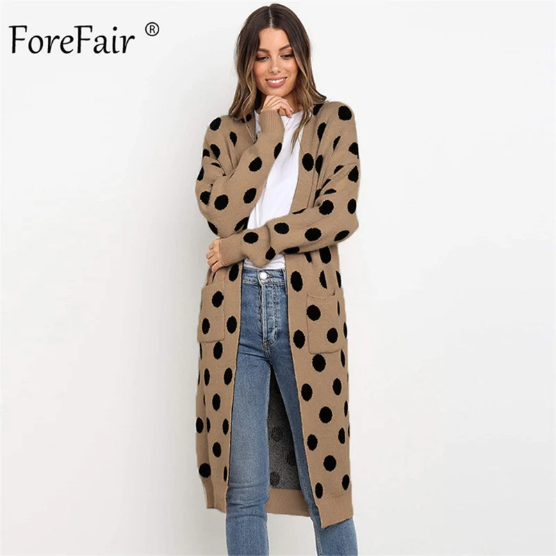 Женский длинный кардиган в горошек Forefair вязаный с карманами Осень-зима 2019 |