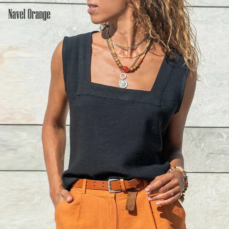 

Summer Women Solid Casual Sleeveless Top Blouse Square Collar Pullover Shirts Loungewear Simple Straight Streetwear Dropshipping