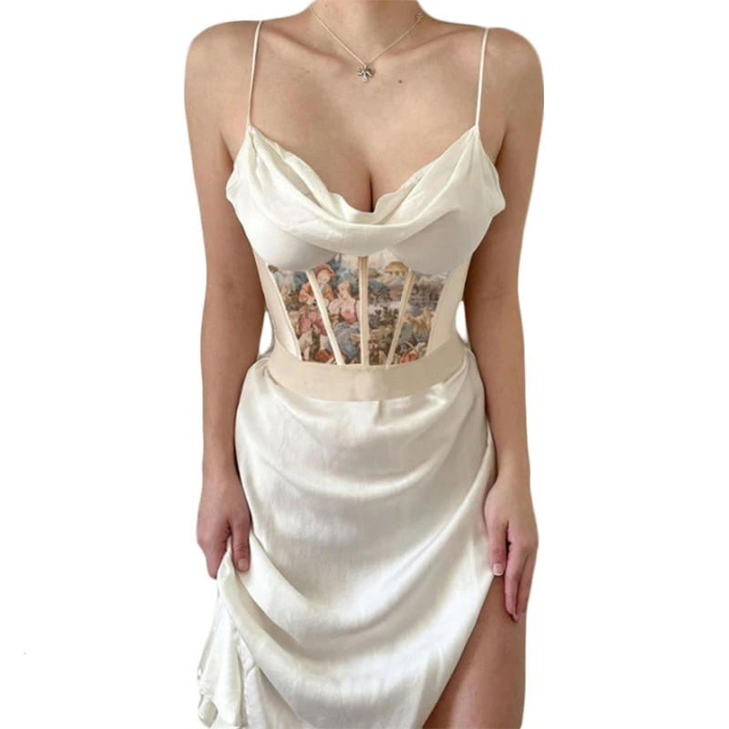 

Women Boned Corset Girdle Angel Printed Underbust Bustier Top Satin Slip Dress