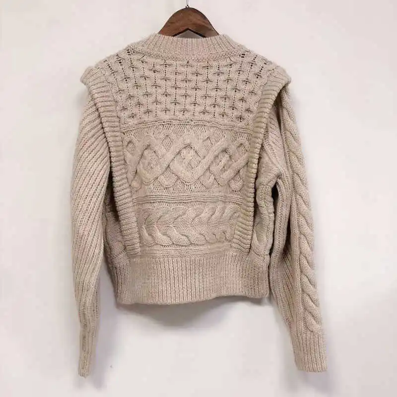 

Woman Rioja Vintage Twist Wool Cable Sweater Front Pattern Jacquard Round Neck Wide Shoulder Long Sleeves Jumper Thick Knitwear