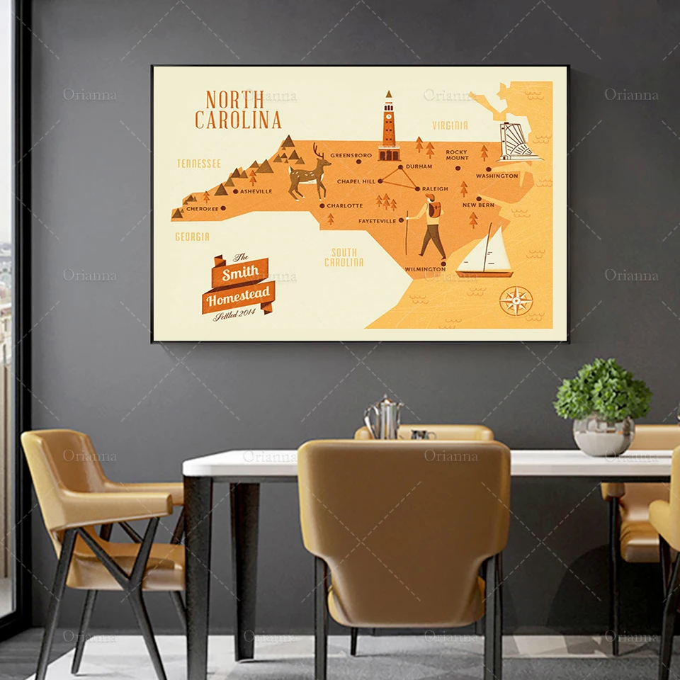 

North Carolina Map,Home Minimalism Bedroom Decoration Canvas Painting Modern Home Decor Posters Wall Art Modular Pictures Gift