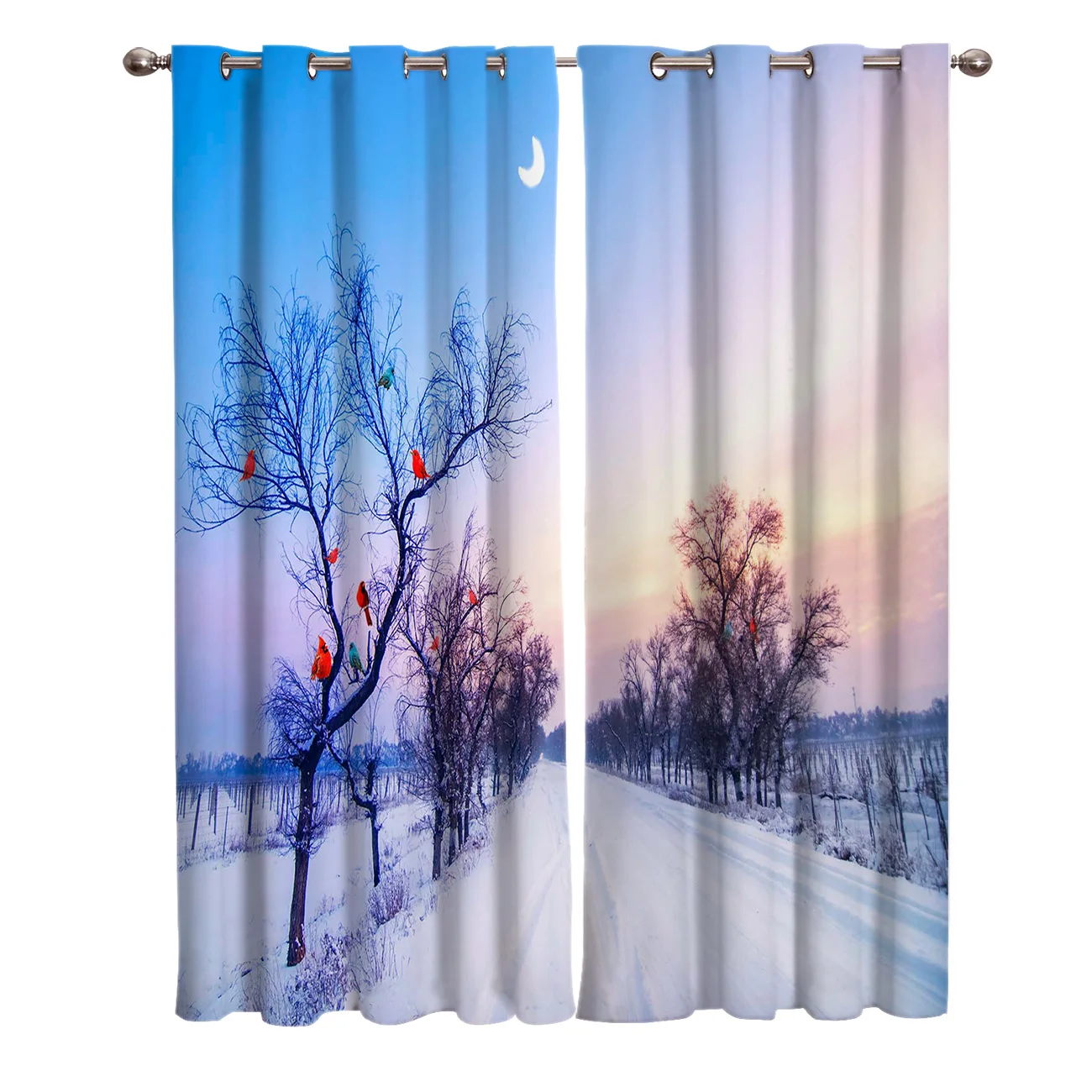 Снежные деревья Луна птицы обитание пейзаж окна шторы живописные для гостиной