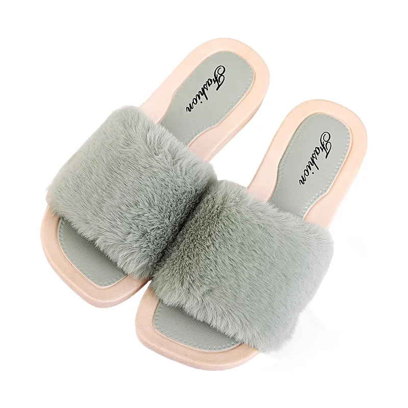 

Winter Women Fur Slippers Platform Flat Low Heel Outdoor Slides Cozy Faux Furry Shoes Ladies Elegant Trend Warm Non Slip 2021