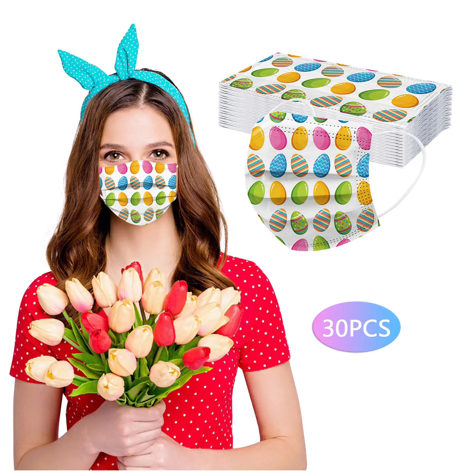 

30pcs Disposable Earloop Mouth Mask Unisex Adults Easter Bunny 3-layer Breathable Masks Outdoor Face Masks R5