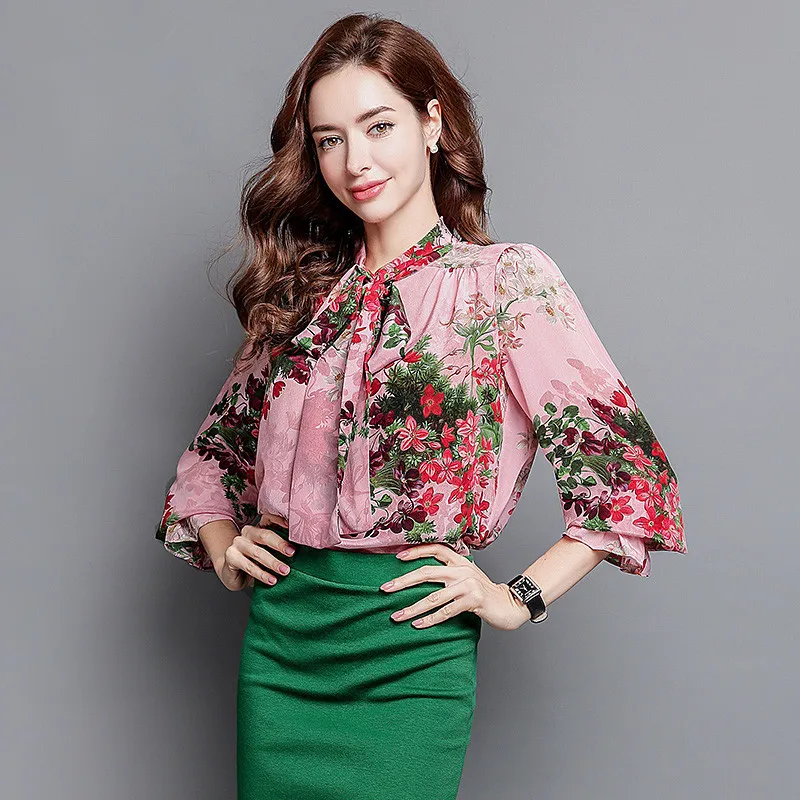 Весна 100% Шелковая женская рубашка с расклешенными рукавами Цветочная блузка