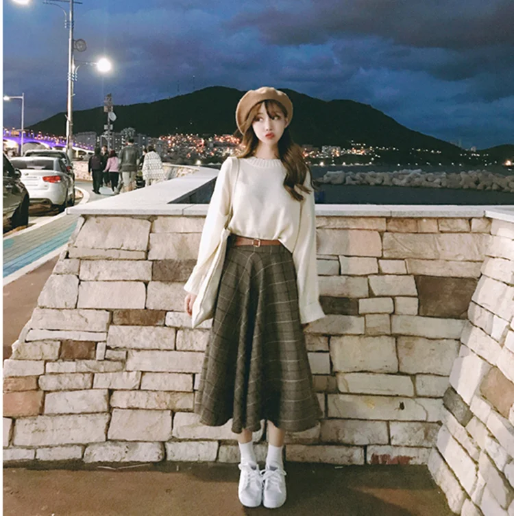 

Skirts Women Plaid Elegant Retro High Waist Womens Long A-line Skirt All-match Leisure Korean Style Students Sweet Trendy Daily