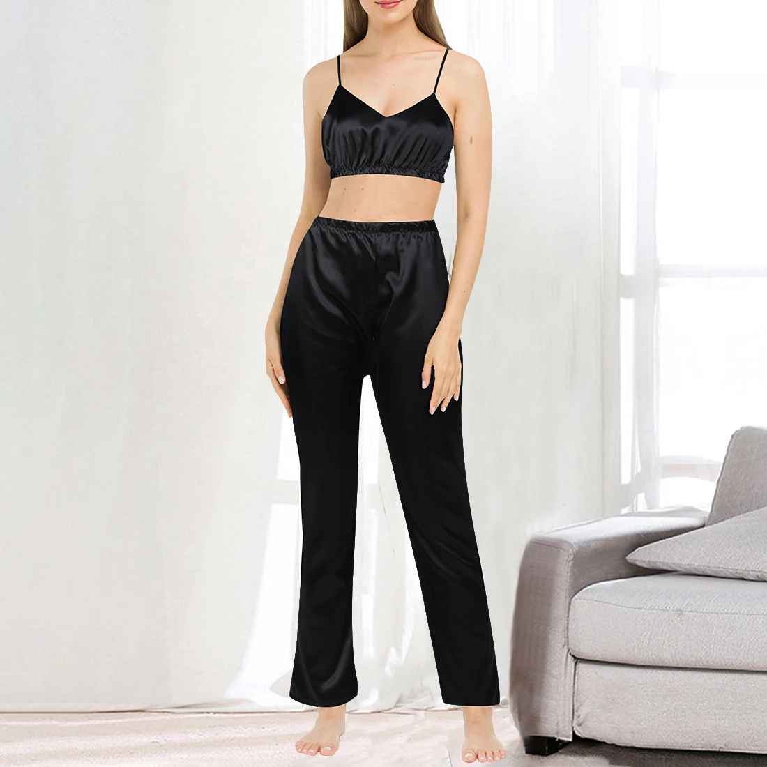 

Fox Pattern Pajamas Women V Neck Spaghetti Strap Print Pants Satin Sleepwear Set Sexy Nightwear Autumn Home Suit Sets