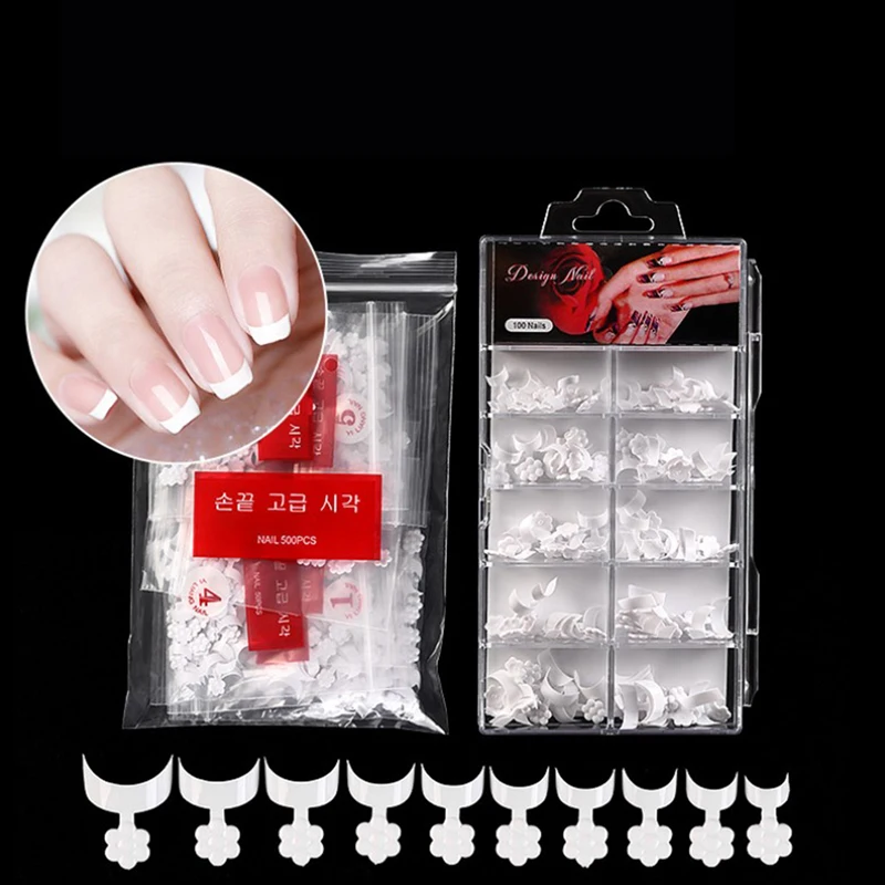 

100pcs/box Acrylic French Nail Tips Fake Nails White Crescent Shape Half Cover Artificial False Nails Manicure Salon Tools