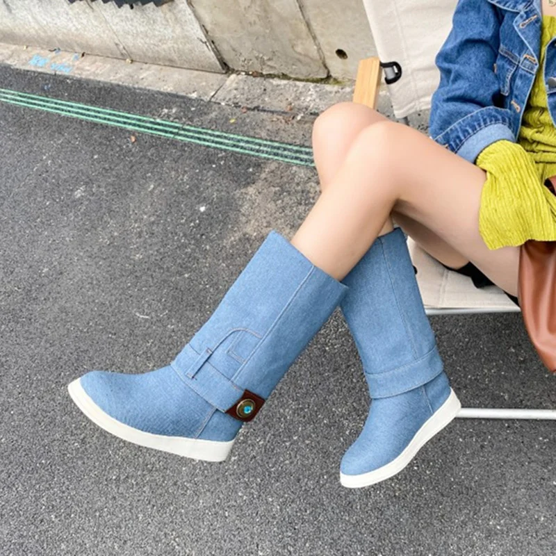 

Lady New Denim Short Boots Woman Sexy Height Increasing Wedge Heel Mid-calf Boots Fashion Female Jeans Casual Shoes Dropship