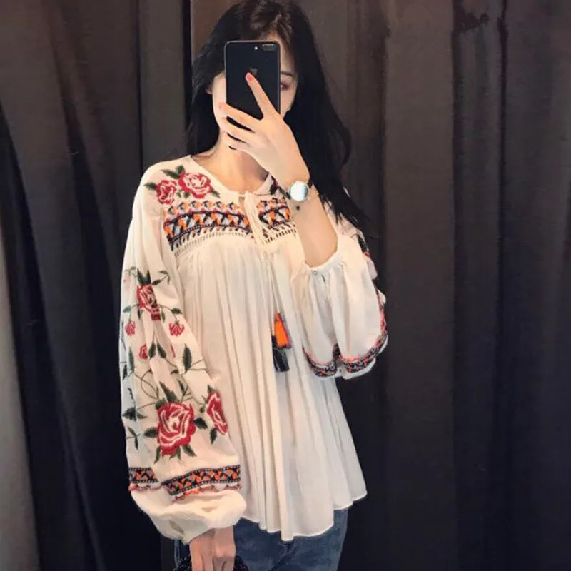 spring new 2021 ethnic style blouse beach wear vintage flower embroidery shirt female white lantern sleeve tops | Женская одежда