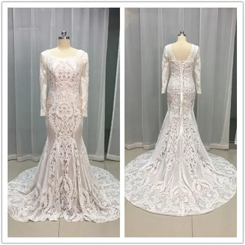 Старинные кружева Русалка свадебное платье Турция Vestido de Novia блесток кружева Sheer свадебные платья халат mariee gelinlik casamento - Цвет: Long Sleeve
