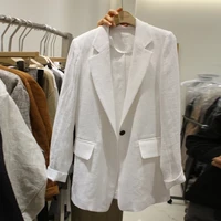 women white linen blazers coat jacket suit loose long summer female new solid one button covered pockets office ladies 2020
