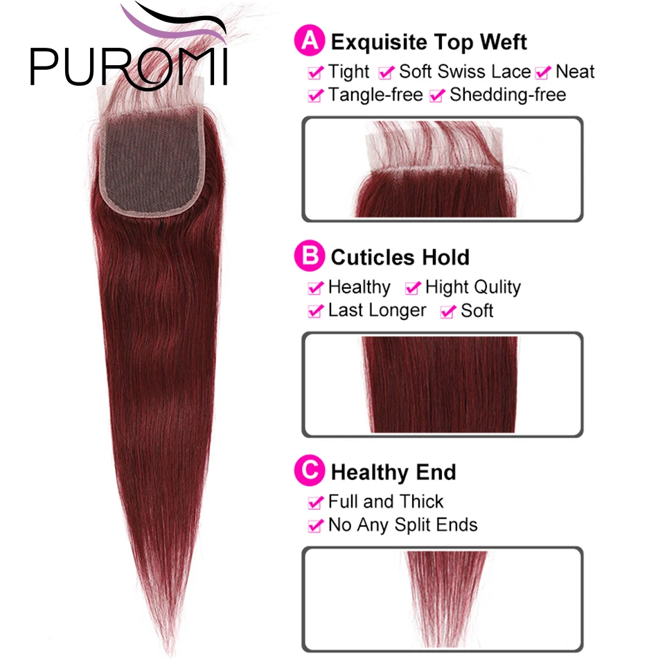 99J/бордовый Цветной натуральные кудрявые пучки волос с закрытием кружева 4x4