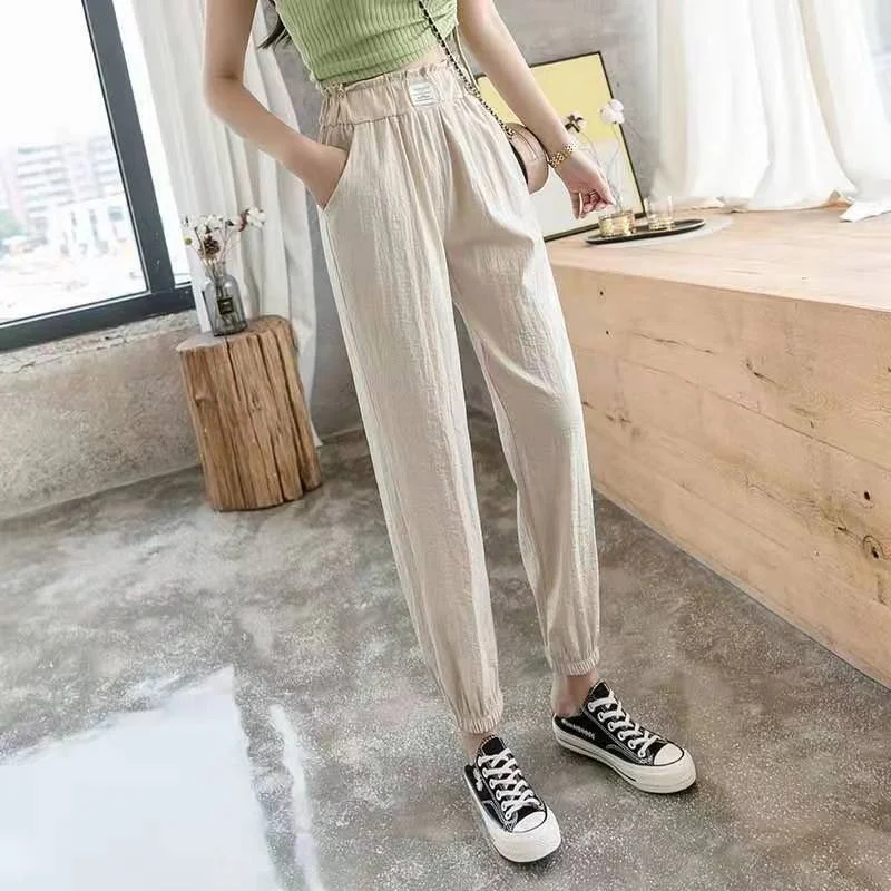 

Vintage Solid Plus Size Cotton Linen Women Pants Summer Elastic Waist Loose Casual Thin Harem Pants Women's Trousers Y317