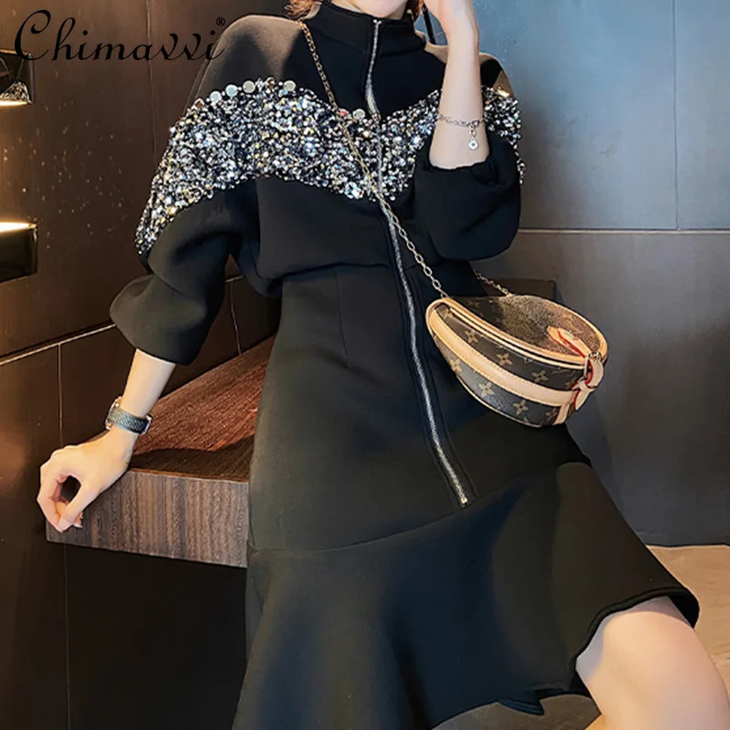 

European Style Heavy Embroidery Sequins Long-Sleeved Dress High Waist Slimming Elegant Fishtail Dress 2021 Autumn Black Dress