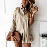 spring autumn long sleeve white pleated shirt dress women casual turn down collar chic mini dresses button lady a line office