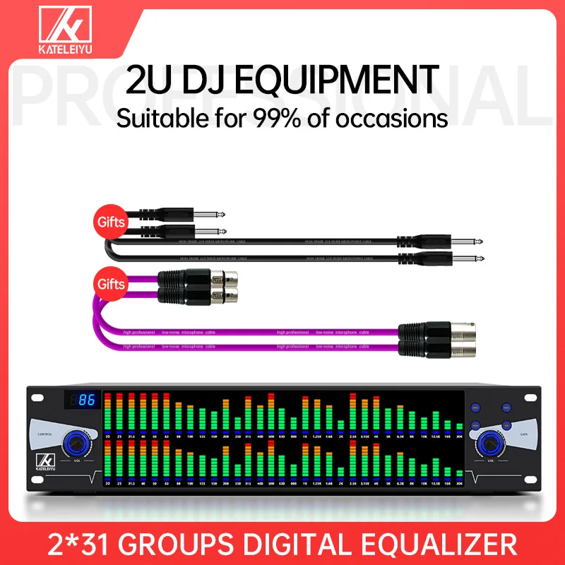 

KATELEIYU 2*31 полосы Графический аудио эквалайзер цифровой эквалайзер караоке профессиональная звуковая система DJ Эквалайзеры 2U модель MU-231