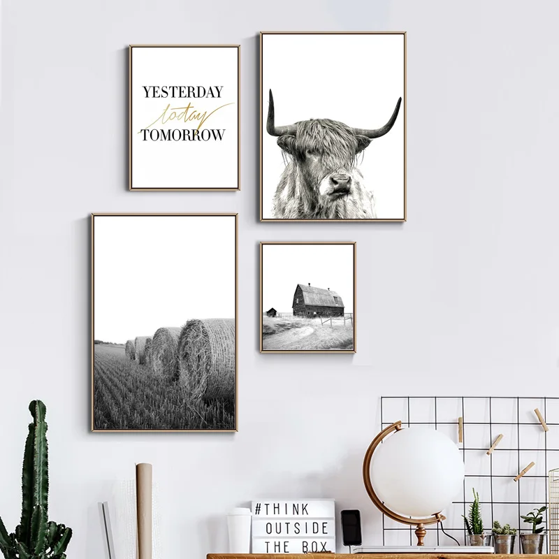 Скандинавская ферма корова дом пейзаж холст картина мотивационный плакат черная