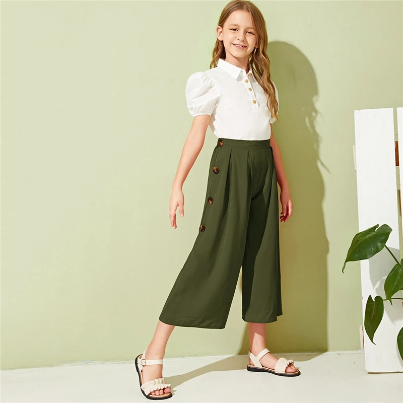 SHEIN Kiddie Girls Solid Button Side Pleated Palazzo Casual Pant Kids Bottom Summer High Waist Teenagers Loose Pants
