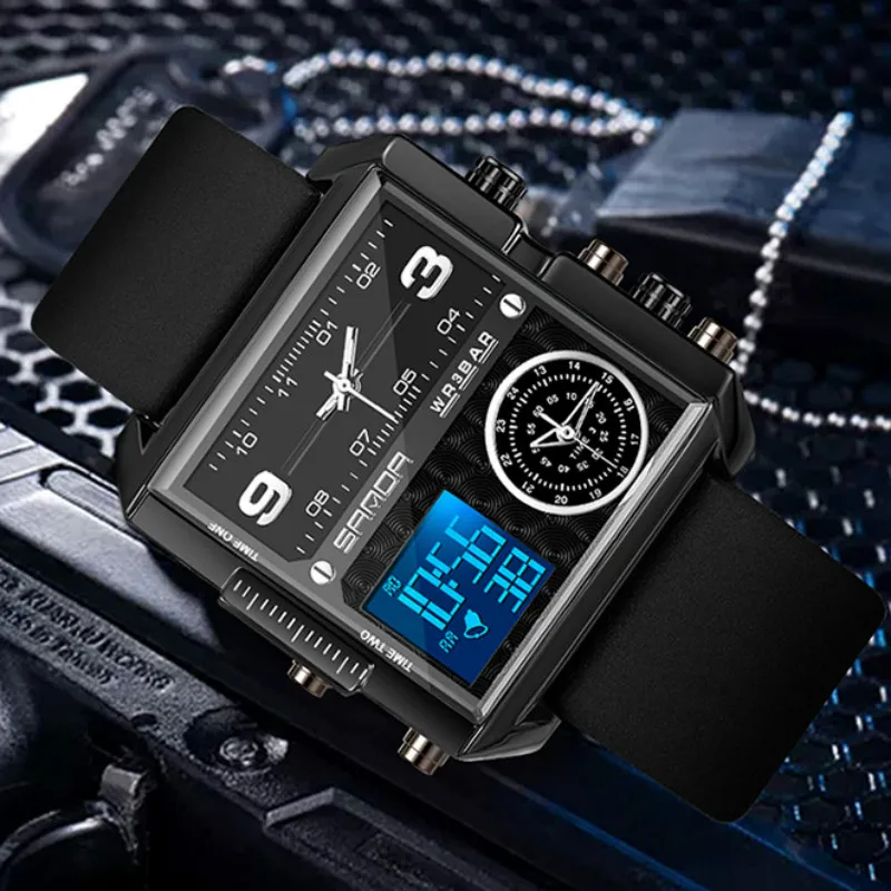 Мужские часы 2021 креативные светодиодные с 3 дисплеями времени спортивные