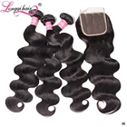 Волнистые пучки волос Longqi с застежкой, перуанские пучки волос с застежкой, пучки человеческих волос Remy с застежкой, 4 шт.лот