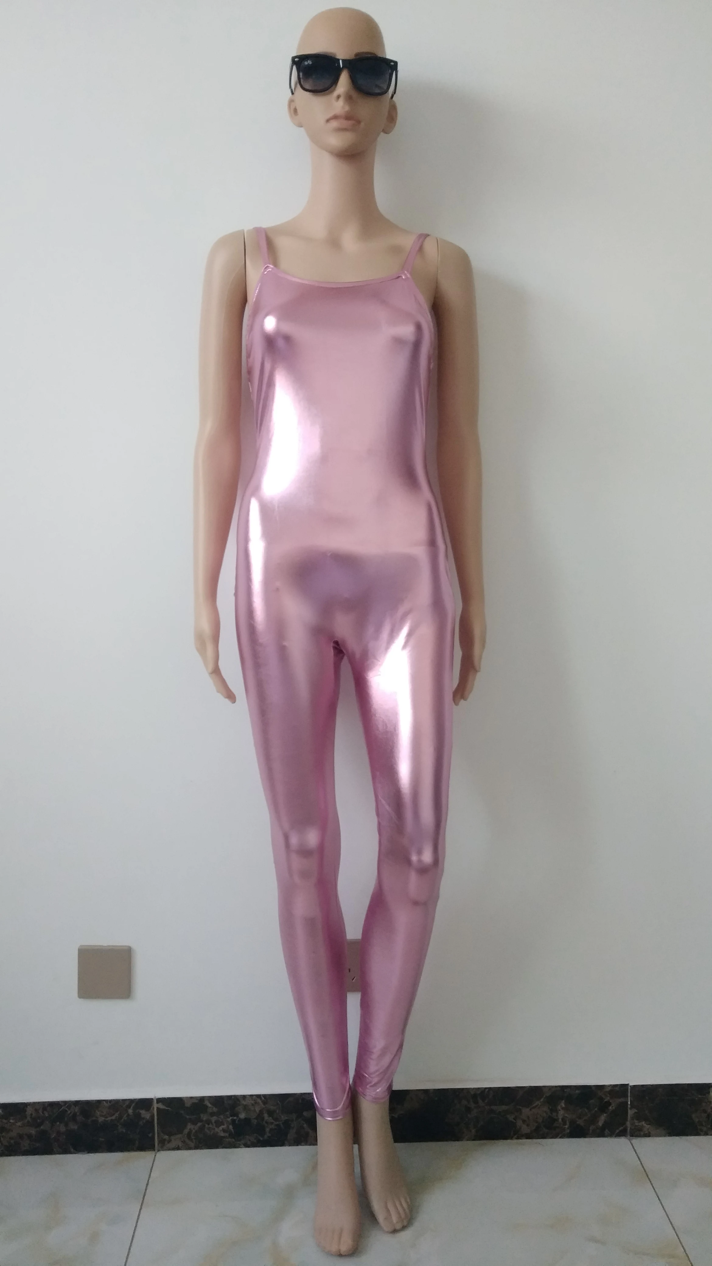 Пикантные женские розовые блестящие металлические костюмы Zentai комбинезон на