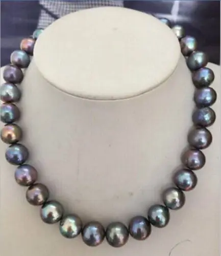 

HUGE PERFECT 11-12mm TAHITIAN BLACK RED GREEN PEARL NECKLACE17.5"14KGP