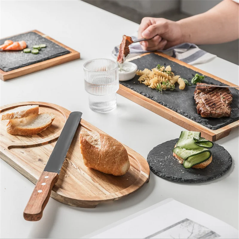 1 шт. лоток из цельного дерева для западной еды в японском стиле черная шиферная