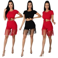 solid color short sleeve tee tassels shorts sets for women 2 piece set casual summer clothing sexy sweatsuit 2021