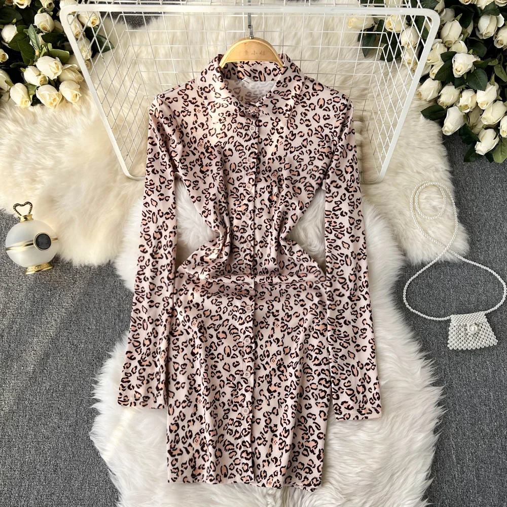

Ins Fashion Leopard Print Mini Dress Women Spring Autumn Lapel Collar Long Sleeve Single Breasted Female Short Party Vestdios