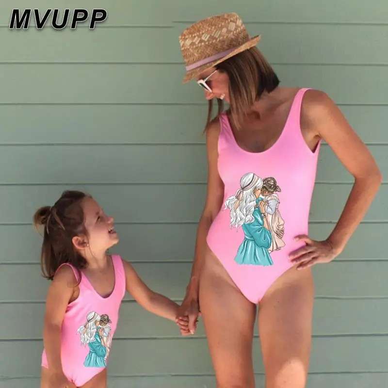 Пляжная одежда Семейные комплекты для купания мамы и дочки цельное платье Мама я