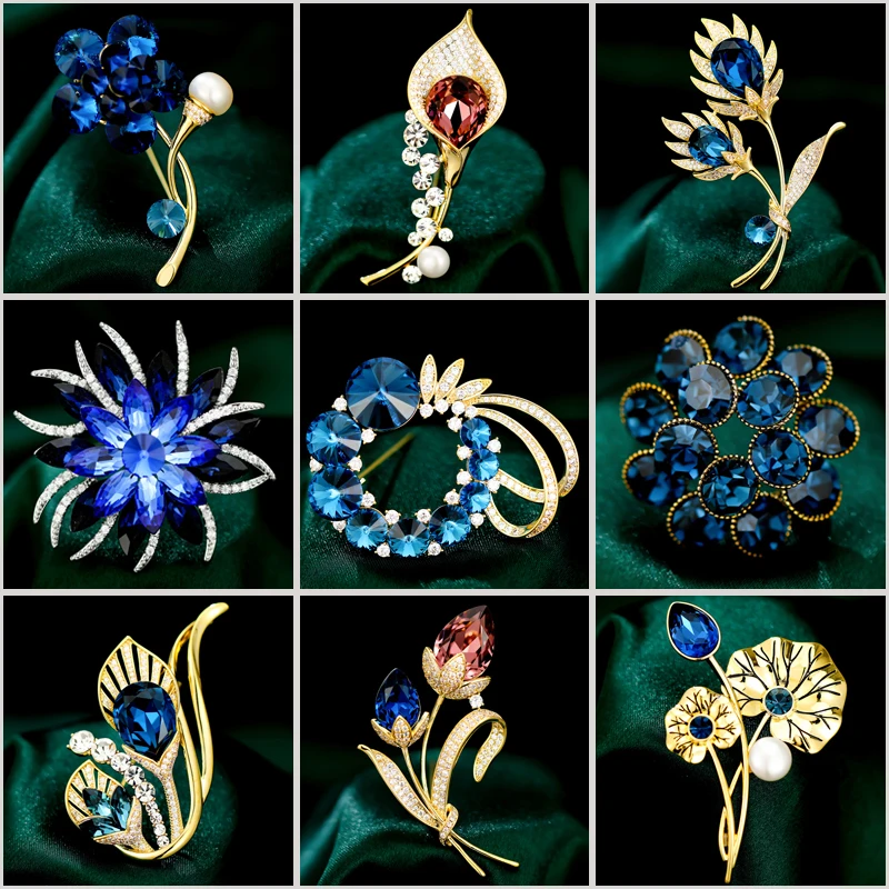 New Austrian Crystal Brooch Blue Wreath Flower Brooches for Women Micro-inlaid Zircon Corsage Clothing Accessories Pins Gift