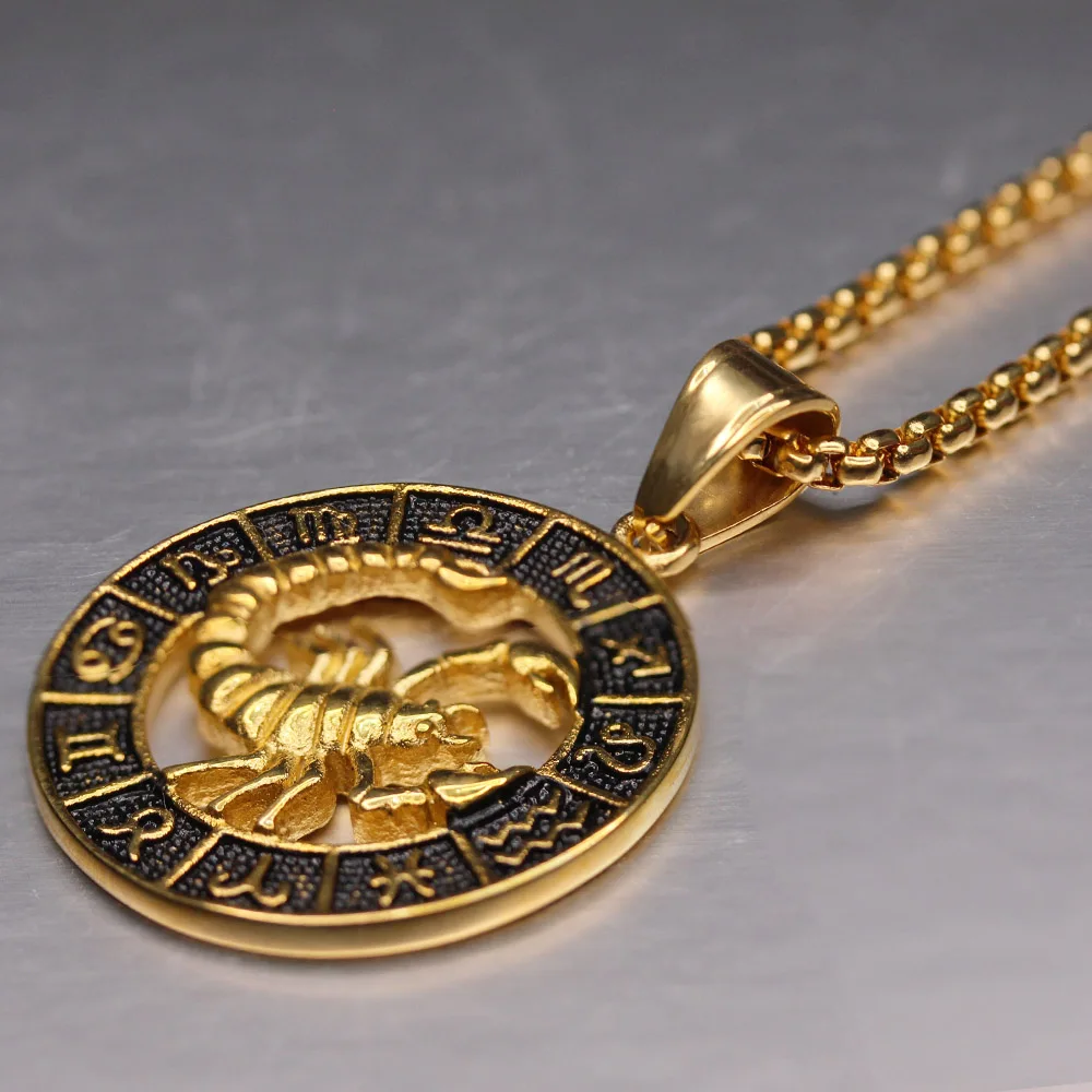 

Zodiac Sign Leo Scorpio Pendant Necklace for Women/Men Gold Color Stainless Steel Round 12 Constellation Necklaces Dropshipping