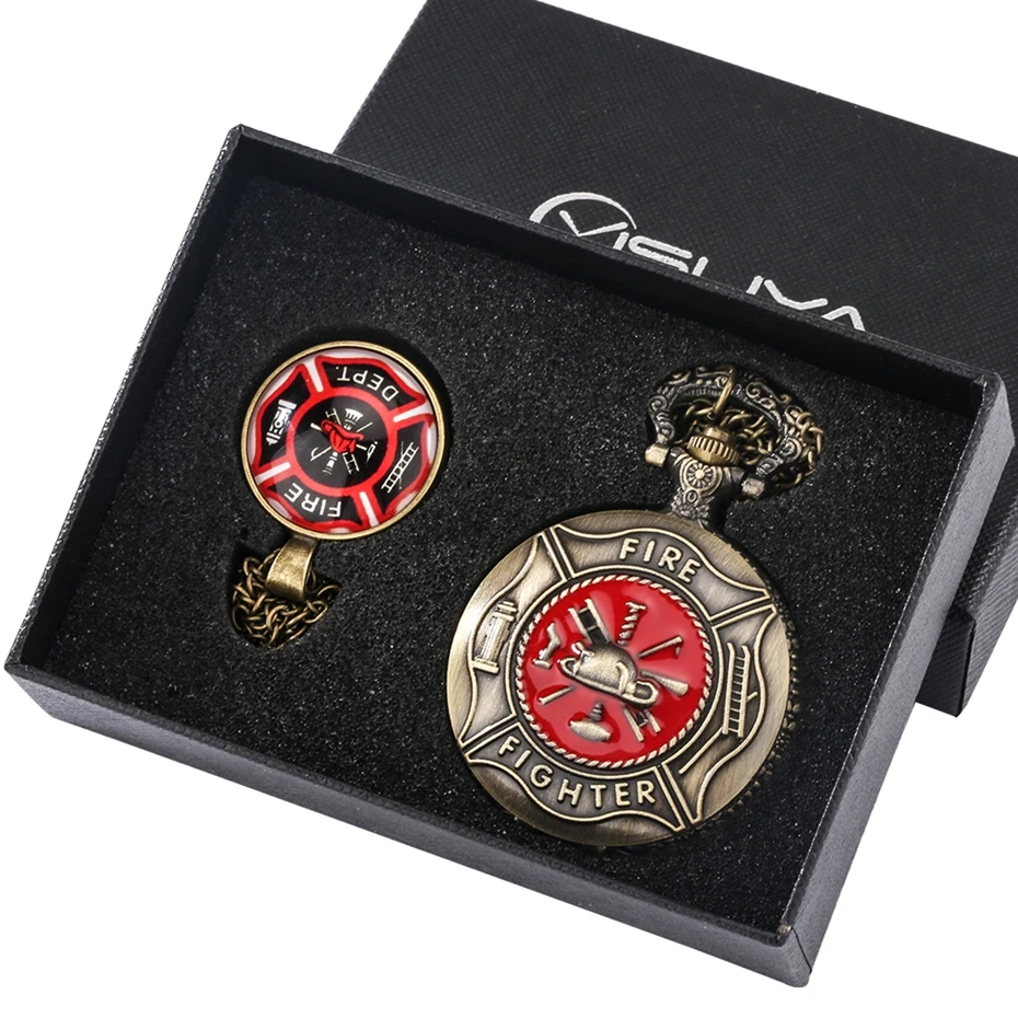 Unico Set di scatole per orologi da tasca al quarzo rosso pompiere con pendente per collana pompiere Punk i migliori Set di scatole regalo per vigili del fuoco